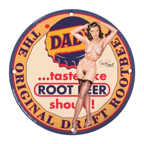 Vintage Dads Root Beer Sign Featuring Classic Pin-Up Art - Perfect for Collectors and Decor