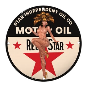 Vintage-Inspired Retro Oil Company Sign with Captivating Pin-Up Art