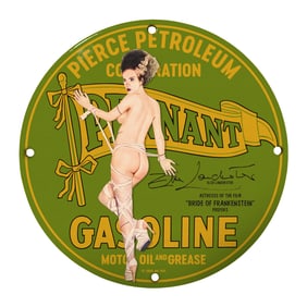 Vintage Pierce Petroleum Gasoline Sign Featuring Iconic Bride of Frankenstein Artwork