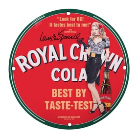 Vintage Royal Crown Cola Sign Featuring Lauren Bacall - Classic Collectible Memorabilia