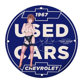 Vintage 1967 Chevrolet Used Cars Sign Featuring Iconic Actress Jill St. John