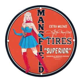 Vintage Mansfield Tires Sign Featuring Superheroine Design for Collectors and Bidders