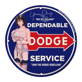 Dodge Service porcelain sign featuring pin up model actress Yvonne Craig