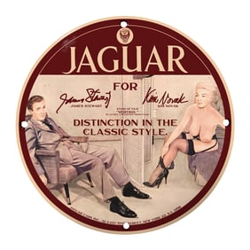 Vintage Jaguar Advertising Sign Featuring James Stewart and Kim Novak - Classic Film Memorabilia