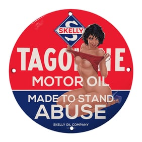 Vintage Skelly Oil Tagoline Motor Oil Sign with Classic Pin-Up Artwork