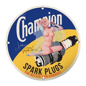 Vintage Champion Spark Plugs Sign Featuring Iconic Jean Harlow Artwork