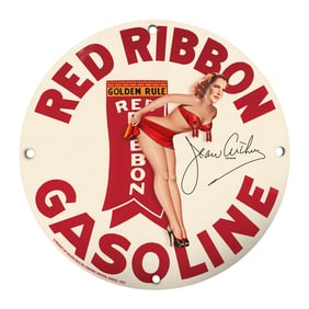 Vintage Red Ribbon Gasoline Sign with Iconic Artwork by Jean Arthur