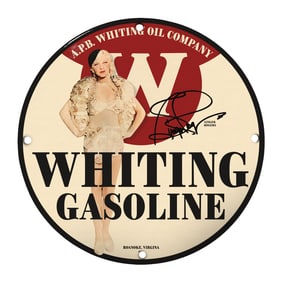 Authentic Whiting Gasoline Enamel Sign Featuring Iconic Vintage Design