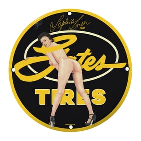 Vintage Sophisticated Advertising Sign Featuring Iconic Tire Brand and Glamorous Artwork