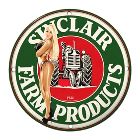Vintage Sinclair Farm Products Metal Sign with Iconic Tractor and Beautiful Model Artwork