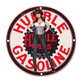 Vintage Humble Gasoline Sign with Charming Western Cowgirl Artwork | Ideal for Collectors