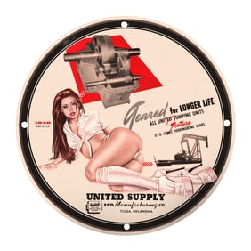 Vintage 1946 United Supply Pump Advertising Sign with Unique Herringbone Gear Design