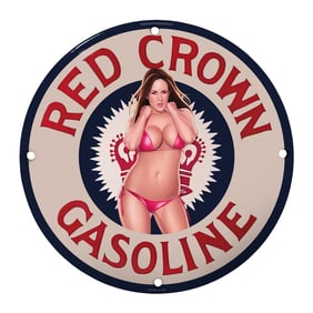 Vintage Red Crown Gasoline Sign with Retro Artwork ? Eye-Catching Garage D?cor