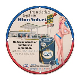 Vintage Blue Velvet Motor Oil Sign - Kerr-McGee Advertising Memorabilia for Collectors