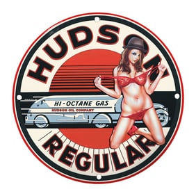 Vintage Hudson Oil Company Sign with Pin-Up Artwork for Collectors and Enthusiasts