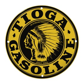Vintage Tioga Gasoline Metal Sign - Iconic Native American Design for Collectors