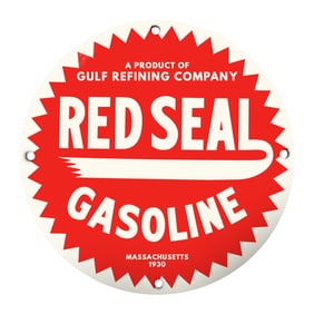 Rare Vintage 1930 Gulf Red Seal Gasoline Sign - Unique Collectible for Gas Station Enthusiasts