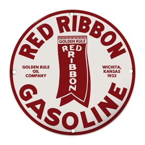 Vintage Red Ribbon Gasoline Sign - Golden Rule Oil Company Collectible from 1933