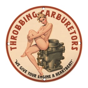 Vintage Throbbing Carburetors Sign - Automotive Nostalgia with a Pin-Up Twist