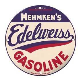 Vintage Mehmkens' Edelweiss Gasoline Sign - A Collectible for Oil & Gas Memorabilia Enthusiasts