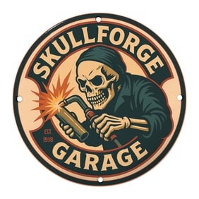 Skullforge Garage Sign: A Unique Vintage-Style Metal Decor Perfect for Enthusiasts