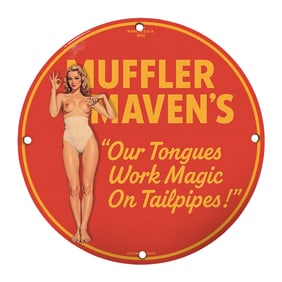 Vintage Muffler Maven's Sign: Nostalgic Automotive Art with Playful Humor