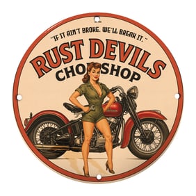 Vintage Rust Devils Chopshop: Classic Motorcycle Decor with Retro Charm