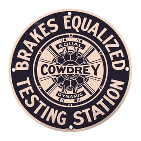 Vintage Cowdrey Brakes Equalized Testing Station Sign for Authentic Automotive Decor