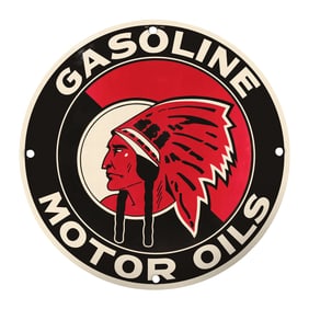 Vintage Gasoline Motor Oils Sign Featuring Classic Indian Chief Design