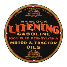 Rare Vintage Hancock Litening Gasoline Sign - Authentic Memorabilia from Pennsylvania