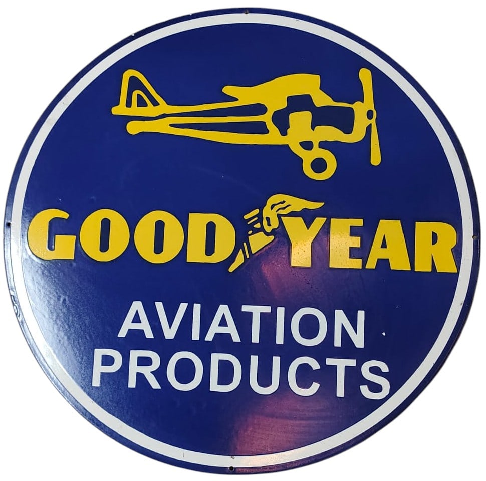 30 Inch Round Porcelain Sign ? Goodyear Aviation Products ? Vintage Decor for Collectors