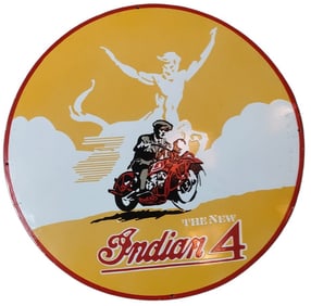 Vintage 30-Inch Round Single-Sided Porcelain Sign Featuring Classic Motorcycle Imagery