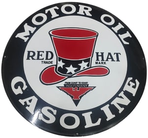 Vintage 30-Inch Round Porcelain Sign Featuring Red Hat Motor Oil Gasoline - Ideal for Collectors