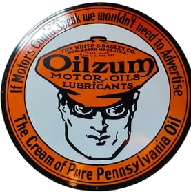 Vintage Oilzum Motor Oils and Lubricants 30 Inch Round Porcelain Sign for Collectors