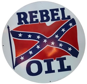 30-Inch Round Porcelain Sign Featuring Rebel Oil with Distinctive Flag Design