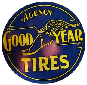 Vintage 30 Inch Round Porcelain Good Year Tires Sign - Classic Automotive Memorabilia