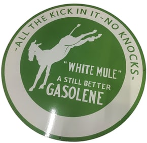 Vintage 30-Inch Round Single-Sided Porcelain Sign ? White Mule Gasoline