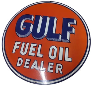 30 Inch Round Gulf Fuel Oil Dealer Porcelain Sign - Vintage Collector's Item