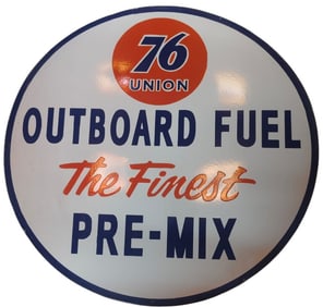 Vintage 30-Inch Round Porcelain Sign - 76 Union Outboard Fuel Pre-Mix
