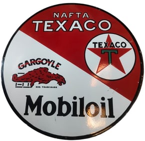 30-Inch Round Texaco Mobil Oil Porcelain Sign - Vintage Collectible Item