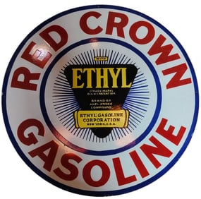 Vintage 30-Inch Round Red Crown Gasoline Porcelain Sign - Iconic Collectible for Auctions