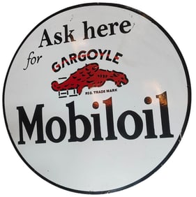 Vintage 30-Inch Round Single-Sided Porcelain Sign Featuring Mobil Oil and Gargoyle