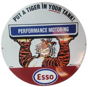 Vintage 30-Inch Round Porcelain Sign - 'Put a Tiger in Your Tank!' - Esso Performance Motoring Art
