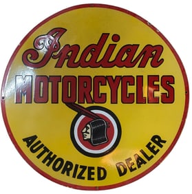 Vintage 30" Round Single-Sided Porcelain Sign - Indian Motorcycles Authorized Dealer