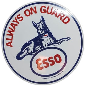 Vintage Esso Porcelain Sign - Always On Guard - 30 Inch Round Collectible