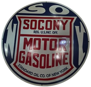 Vintage Socony Motor Gasoline Porcelain Sign - 30 Inch Round Collector's Piece