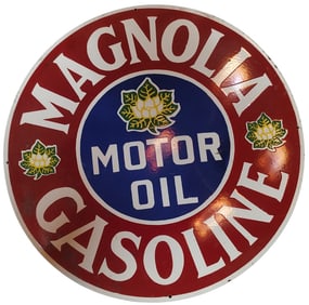Vintage Magnolia Gasoline Motor Oil Porcelain Sign - 30 Inch Round for Collectors