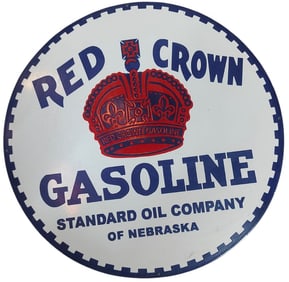 Vintage 30-Inch Round Single-Sided Porcelain Red Crown Gasoline Sign for Collectors