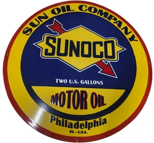 30-Inch Round Sunoco Motor Oil Porcelain Sign - Eye-Catching Collectible for Bidding