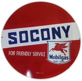 Exceptional 30-Inch Round Porcelain Sign Featuring Socony and Mobilgas Branding